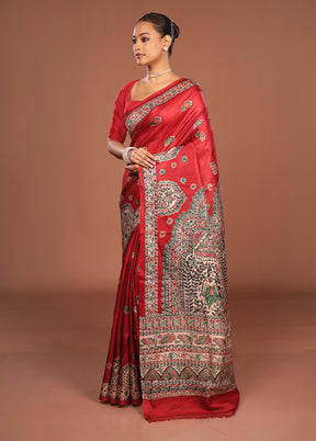 Red Printed Silk Saree Without Blouse Piece