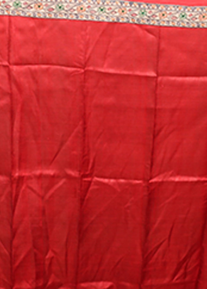 Red Printed Silk Saree Without Blouse Piece