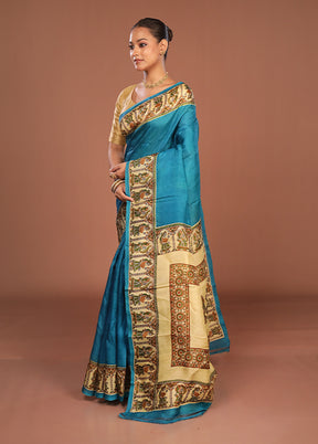 Blue Printed Silk Saree Without Blouse Piece