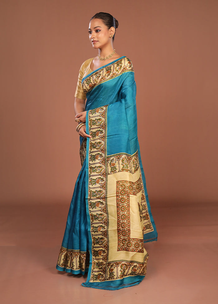 Blue Printed Silk Saree Without Blouse Piece