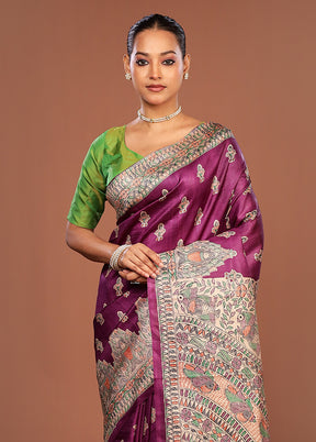 Purple Printed Silk Saree Without Blouse Piece