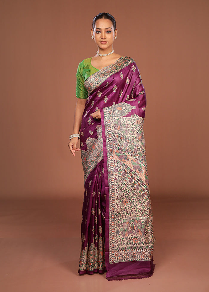Purple Printed Silk Saree Without Blouse Piece