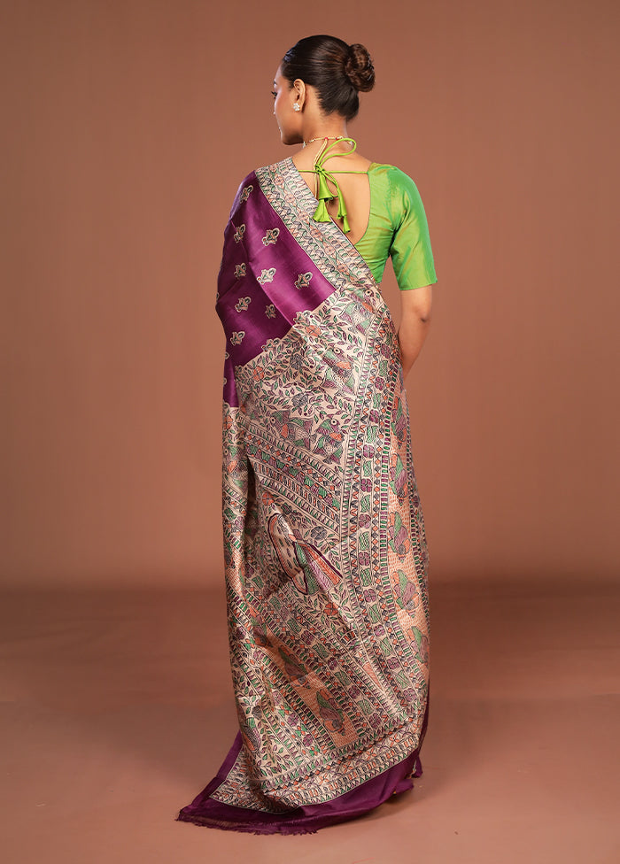 Purple Printed Silk Saree Without Blouse Piece