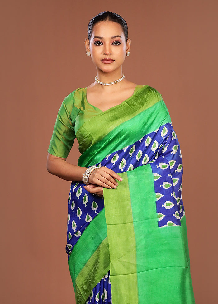 Blue Printed Silk Saree Without Blouse Piece