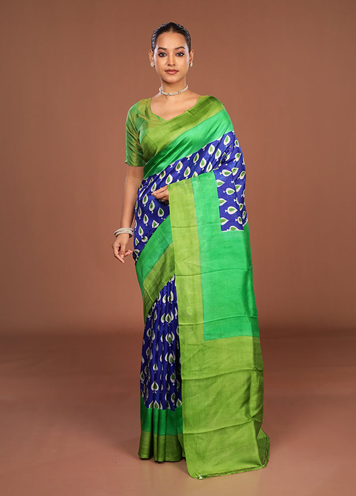 Blue Printed Silk Saree Without Blouse Piece