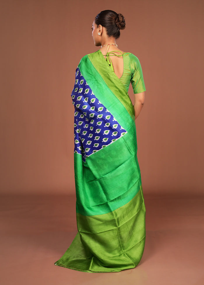 Blue Printed Silk Saree Without Blouse Piece