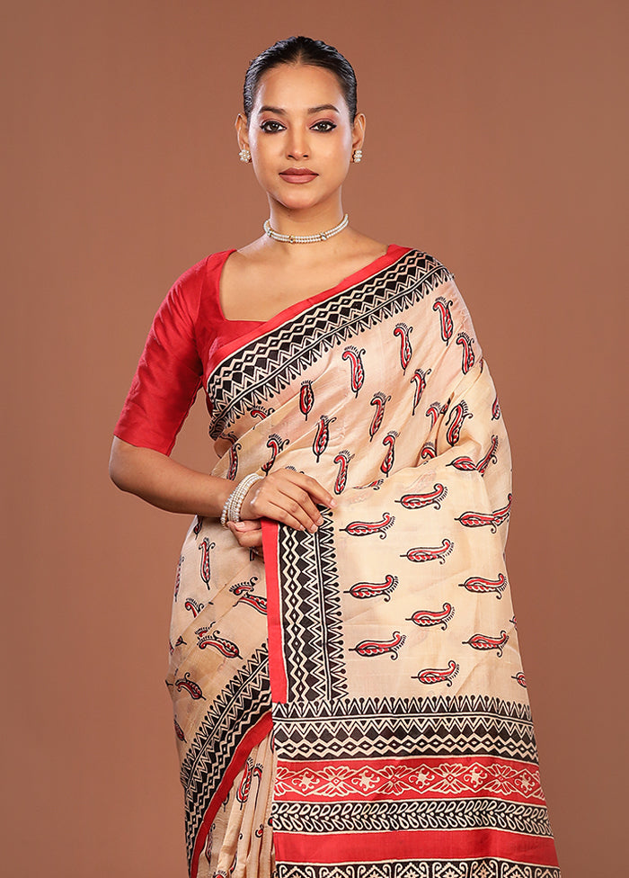 Cream Printed Silk Saree Without Blouse Piece
