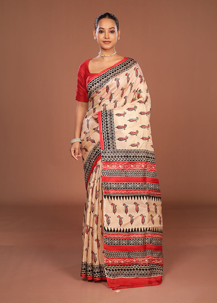 Cream Printed Silk Saree Without Blouse Piece