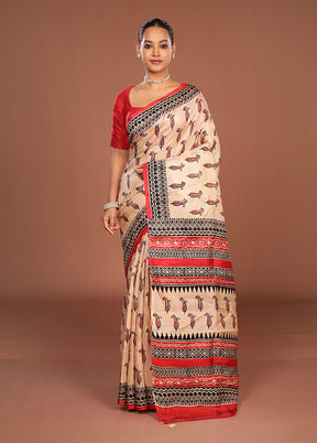 Cream Printed Silk Saree Without Blouse Piece