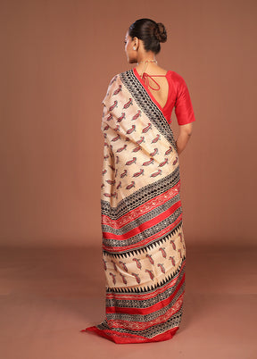 Cream Printed Silk Saree Without Blouse Piece