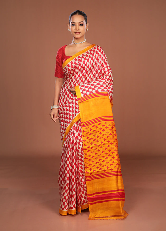 Red Printed Silk Saree Without Blouse Piece