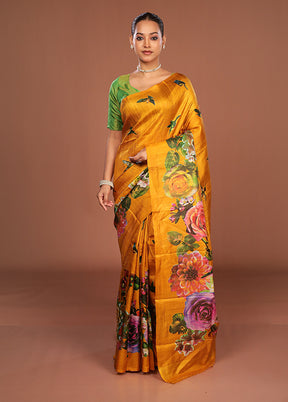 Green Printed Silk Saree Without Blouse Piece