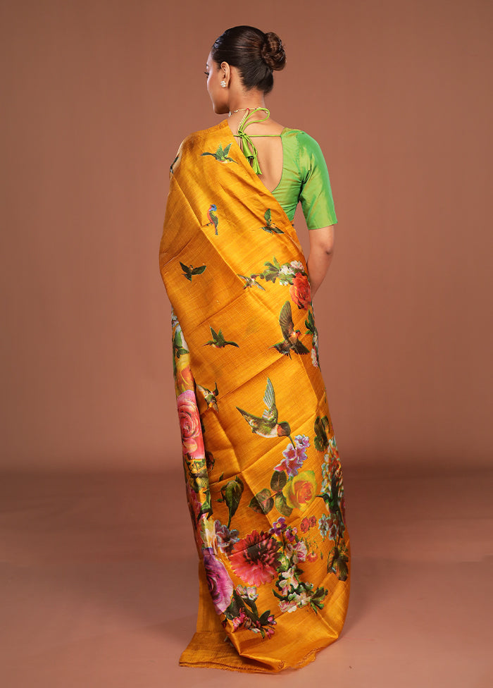 Green Printed Silk Saree Without Blouse Piece