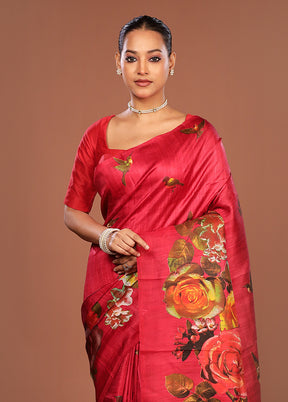 Red Printed Pure Silk Saree Without Blouse Piece