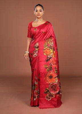 Red Printed Pure Silk Saree Without Blouse Piece