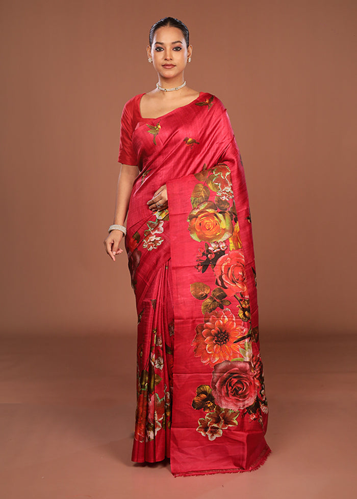 Red Printed Pure Silk Saree Without Blouse Piece