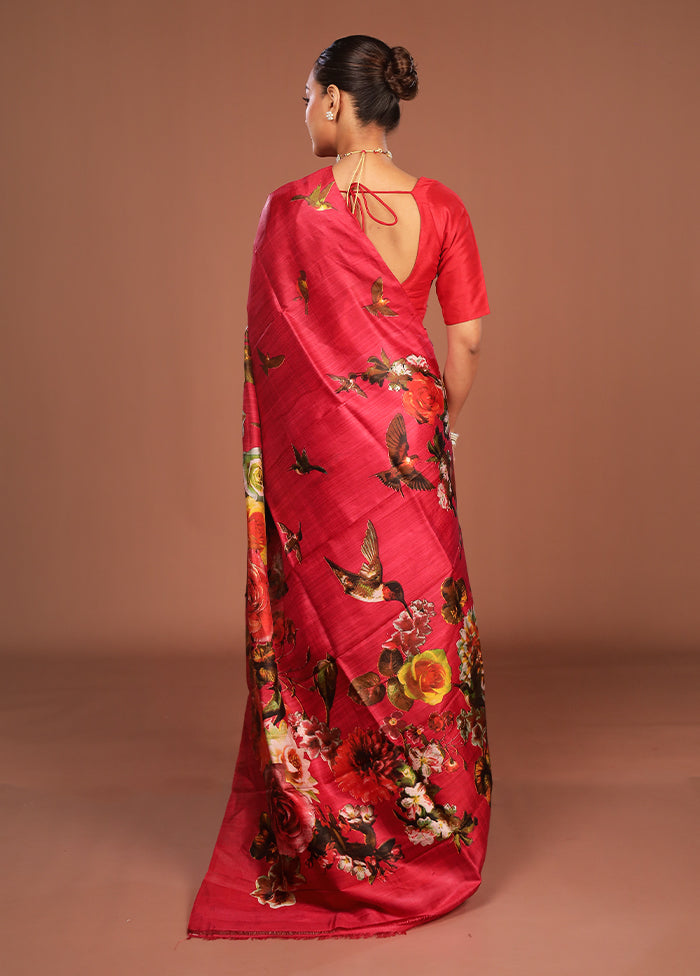 Red Printed Pure Silk Saree Without Blouse Piece