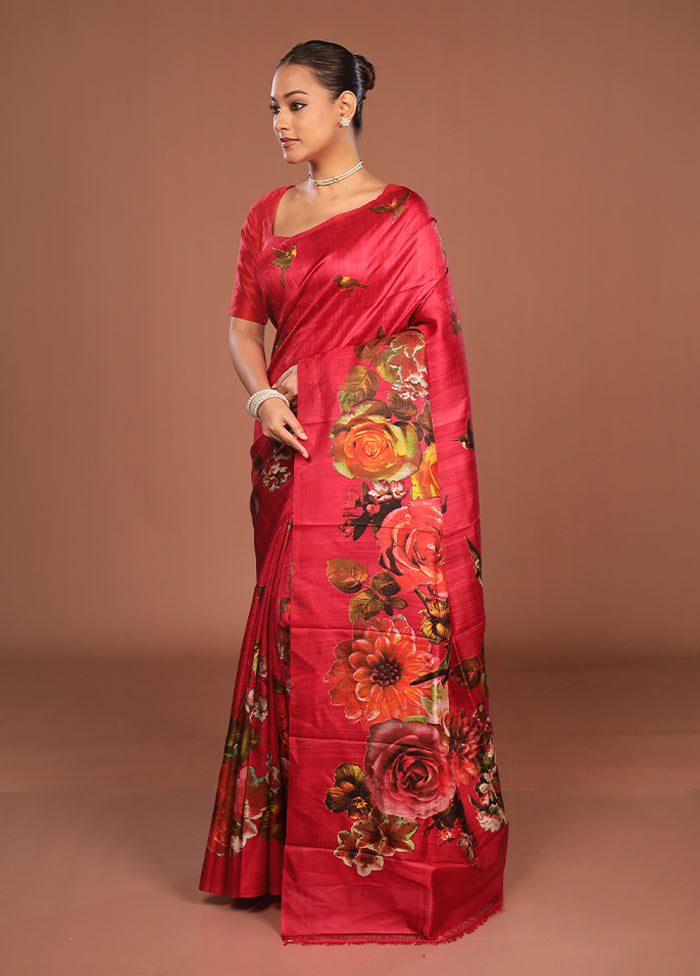 Red Printed Pure Silk Saree Without Blouse Piece