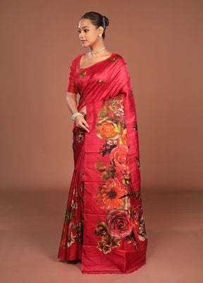 Red Printed Pure Silk Saree Without Blouse Piece