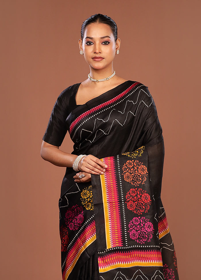 Black Printed Silk Saree Without Blouse Piece