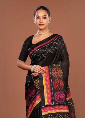 Black Printed Silk Saree Without Blouse Piece