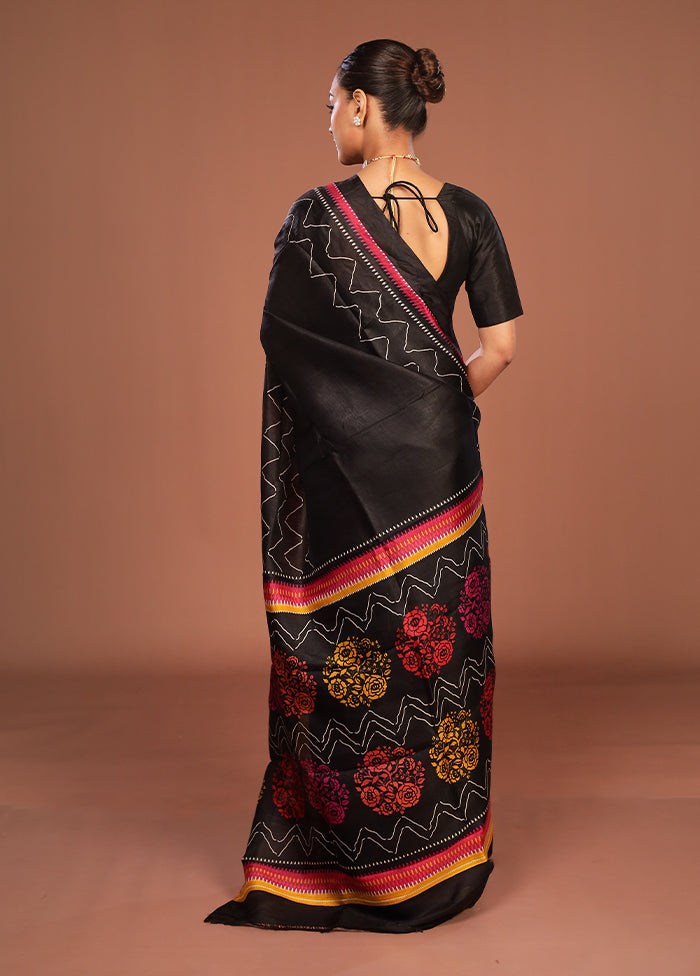 Black Printed Silk Saree Without Blouse Piece