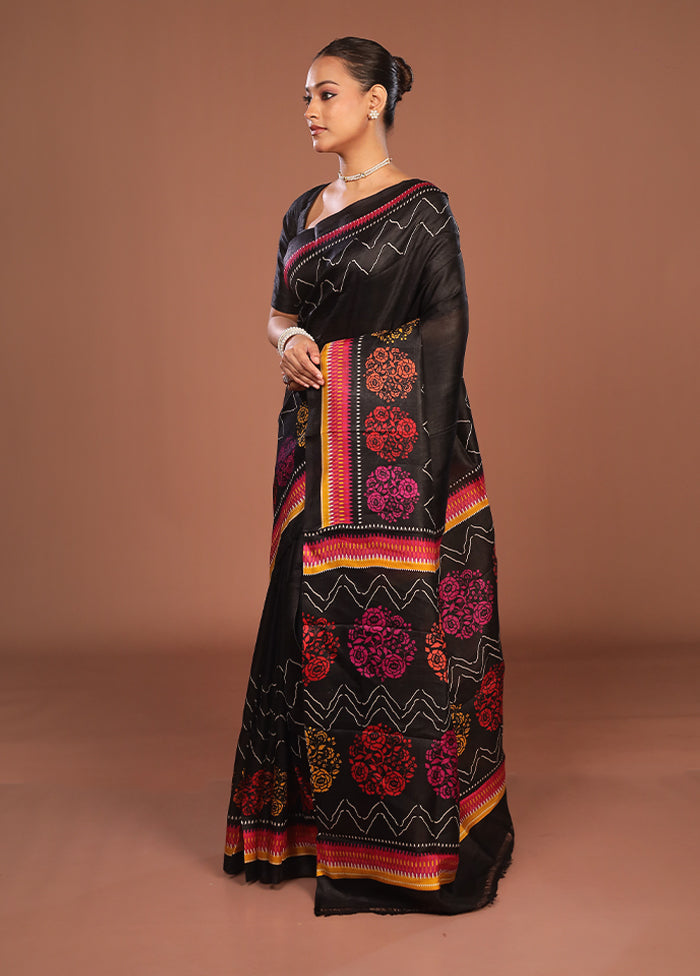 Black Printed Silk Saree Without Blouse Piece