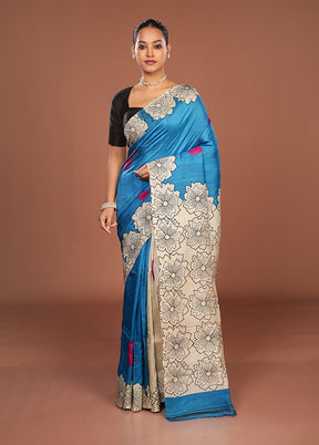 Blue Printed Silk Saree Without Blouse Piece