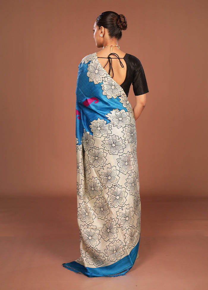 Blue Printed Silk Saree Without Blouse Piece