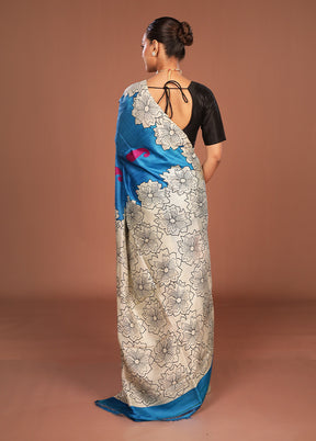 Blue Printed Silk Saree Without Blouse Piece