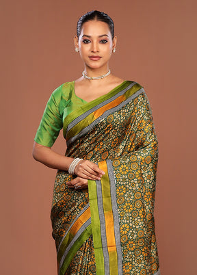 Green Printed Silk Saree Without Blouse Piece