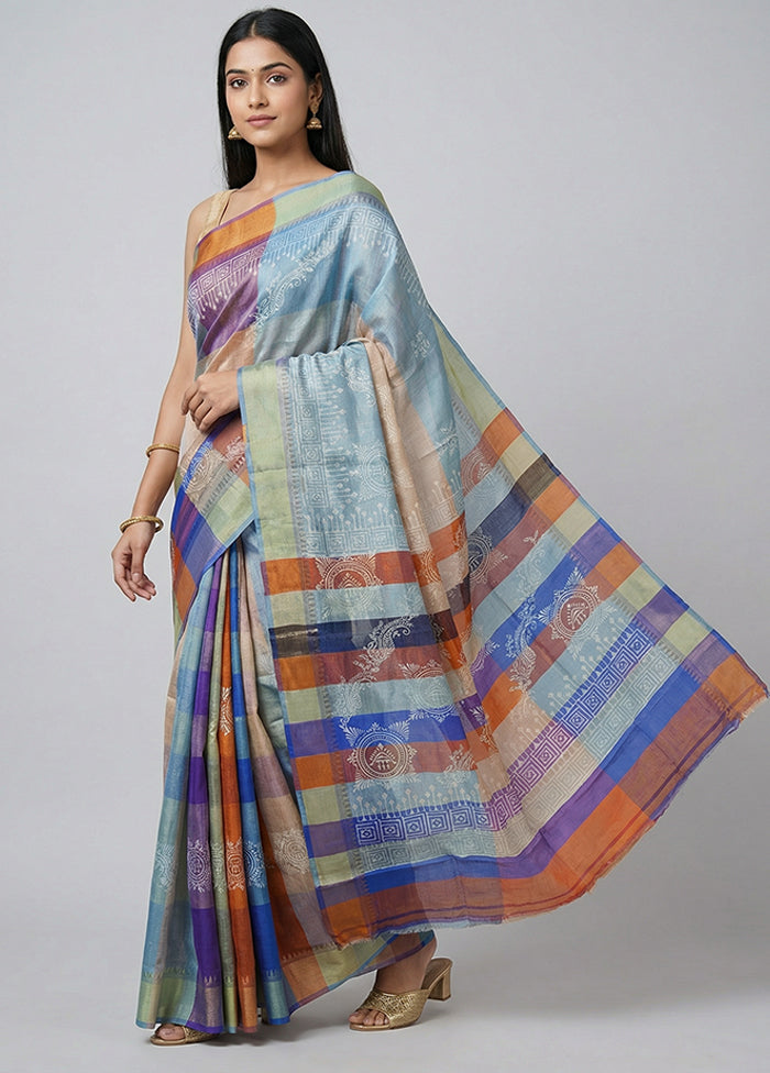 Blue Printed Silk Saree Without Blouse Piece