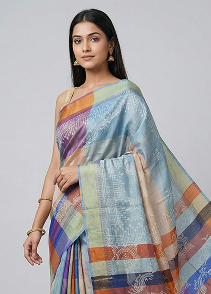 Blue Printed Silk Saree Without Blouse Piece