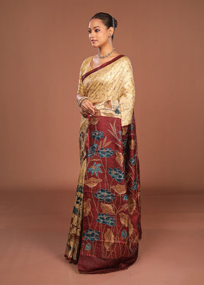 Maroon Handloom Tussar Pure Silk Saree With Blouse Piece