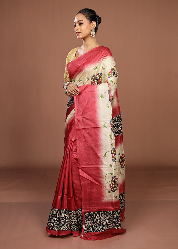 Cream Handloom Tussar Pure Silk Saree With Blouse Piece