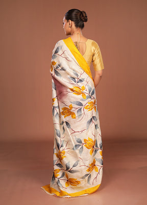 Cream Handloom Tussar Pure Silk Saree With Blouse Piece