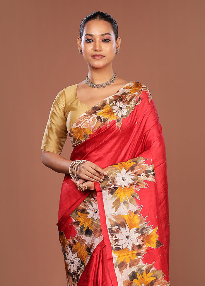 Multicolor Handloom Tussar Pure Silk Saree With Blouse Piece
