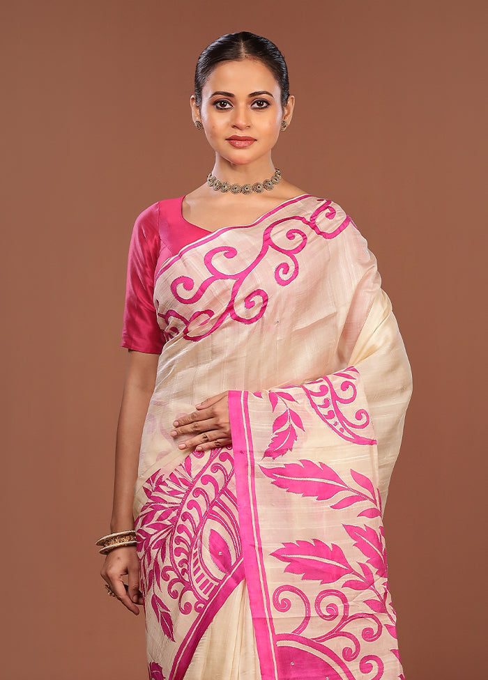 Cream Handloom Tussar Pure Silk Saree With Blouse Piece