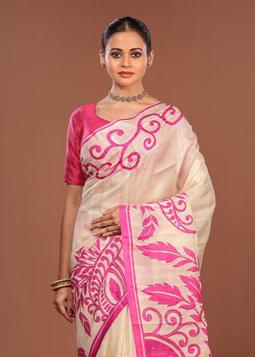 Cream Handloom Tussar Pure Silk Saree With Blouse Piece