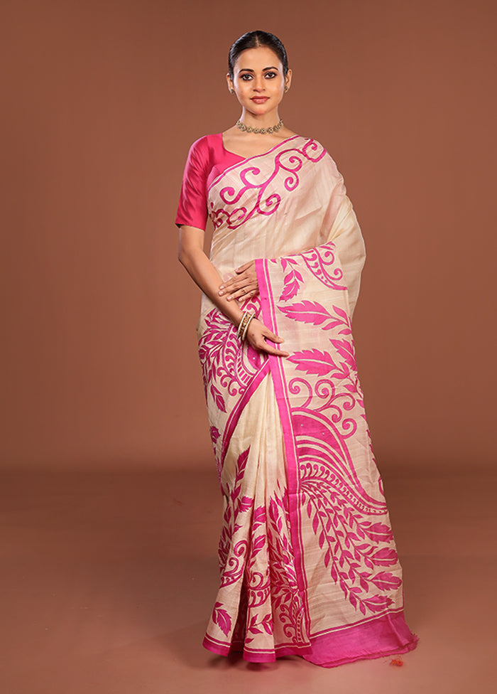 Cream Handloom Tussar Pure Silk Saree With Blouse Piece