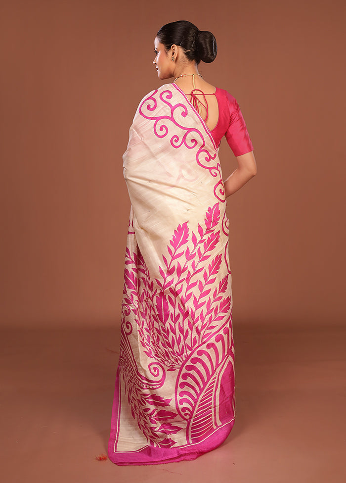 Cream Handloom Tussar Pure Silk Saree With Blouse Piece