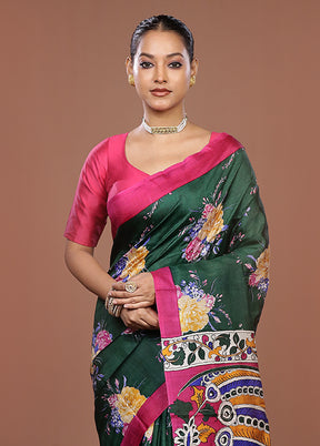 Green Handloom Tussar Pure Silk Saree With Blouse Piece