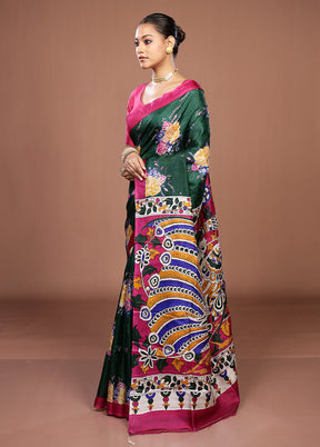 Green Handloom Tussar Pure Silk Saree With Blouse Piece