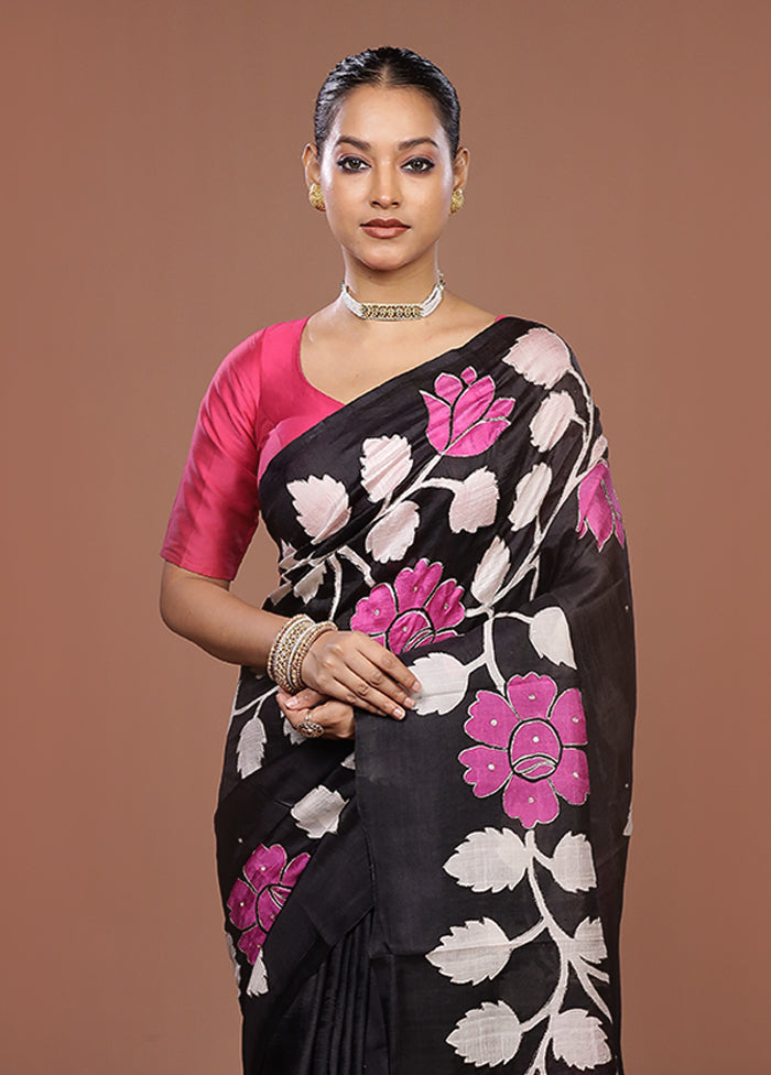 Black Handloom Tussar Pure Silk Saree With Blouse Piece