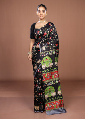 Black Handloom Tussar Pure Silk Saree With Blouse Piece
