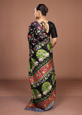 Black Handloom Tussar Pure Silk Saree With Blouse Piece