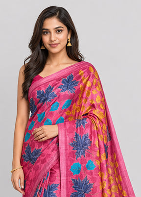 Pink Handloom Tussar Pure Silk Saree With Blouse Piece