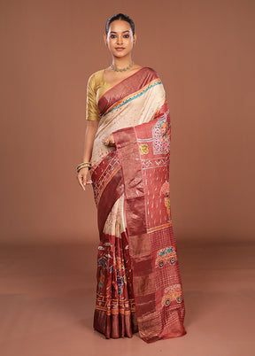 Maroon Handloom Tussar Pure Silk Saree With Blouse Piece