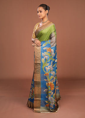Blue Handloom Tussar Pure Silk Saree With Blouse Piece