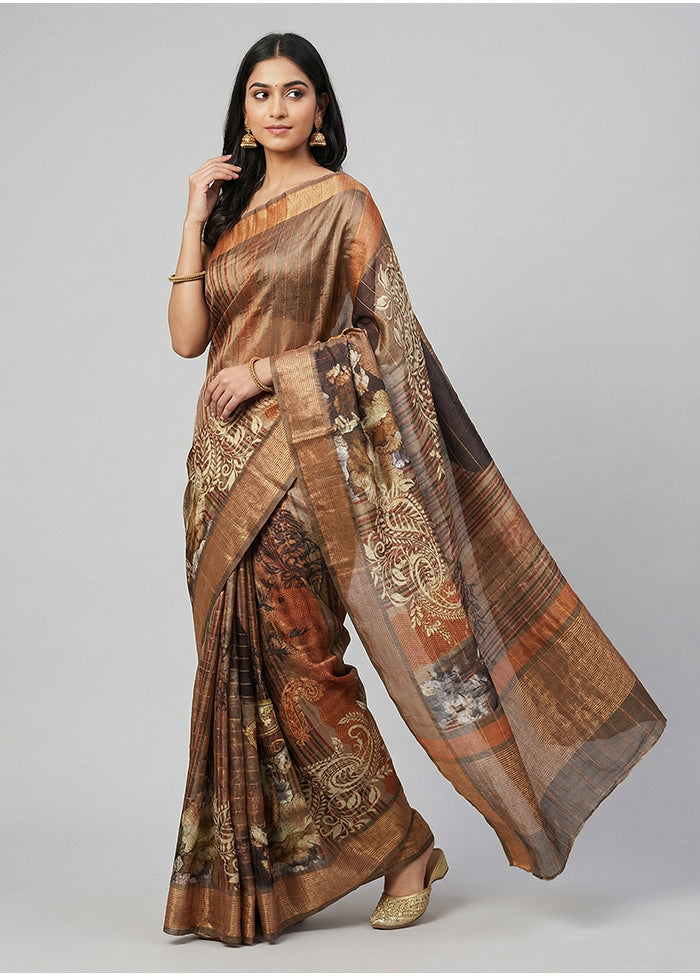 Peach Handloom Tussar Pure Silk Saree With Blouse Piece
